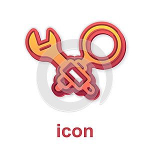 Gold Debugging icon isolated on white background. Debugging tool. Magnifying glass on bug programming. Testing and