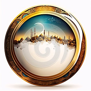 Gold decorated circle in the middle of the mosques, towers, moon, night, white background. Lantern as a symbol of Ramadan for