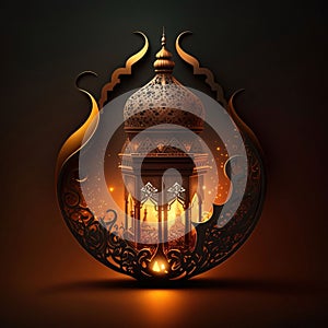 Gold decorated lantern in flame with gold dark. Lantern as a symbol of Ramadan for Muslims