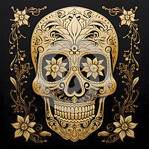 Gold decorated skull, decorated with gold flowers roses. For the day of the dead and Halloween, black isolated background