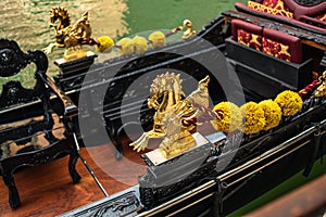 Gold decoration on the gondola. Detail Venetian Gondola Stern Detail or Ornament on the Grand Canal in Venice