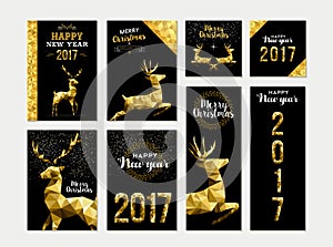 Gold deer greeting card template set for christmas
