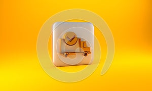 Gold Delivery truck with check mark icon isolated on yellow background. Silver square button. 3D render illustration