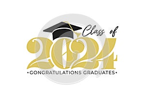 Gold design for graduation ceremony. Class of 2024. Congratulations graduates typography design. Vector illustration