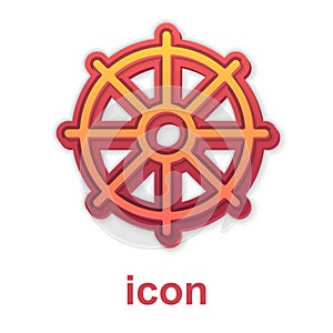 Gold Dharma wheel icon isolated on white background. Buddhism religion sign. Dharmachakra symbol. Vector