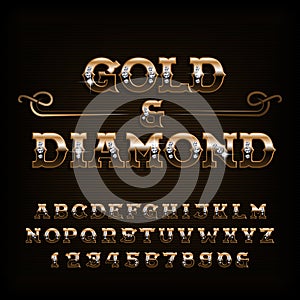 Gold & diamond alphabet font. Ornate golden letters and numbers with diamonds.