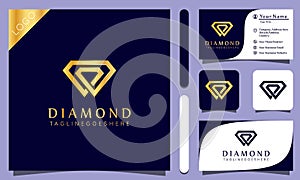 Gold diamond jewelry luxury logo design vector illustration with line art style vintage, modern company business card template