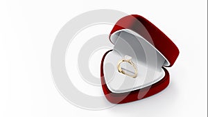 Gold diamond ring with 3D design, housed in an open red velvet jewelry box on white background.