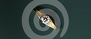 Gold diamond ring focusing on top view isolated on green background 3d rendering