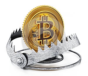 Gold digital coin in ready bear trap. 3D illustration