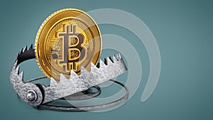 Gold digital coin in ready bear trap. 3D illustration