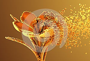 Gold Digital Flower Disintegrates To 3D Pixels