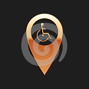 Gold Disabled Handicap in map pointer icon isolated on black background. Invalid symbol. Wheelchair handicap sign. Long