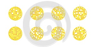 Gold discoball icons. Disco party golden mirrorballs in 70s 80s 90s retro discotheque style. Shining night club globes