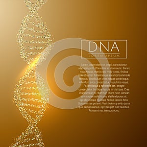 Gold DNA sequence glitter shiny vector illustration. Science molecule structure backgroundbackground. Vector eps10