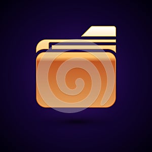 Gold Document folder icon isolated on black background. Accounting binder symbol. Bookkeeping management. Vector