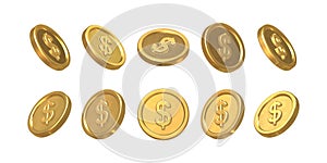 Gold Dollar Coin. Abstract coin at different angles. Isolation on white. Symbol of wealth, luck, fortune, treasures. Realistic 3d