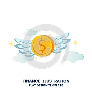 Gold dollar coins with blue wings. Flying money in blue sky. Invest Vector illustration