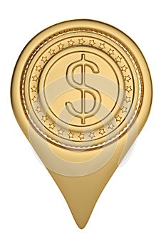 Gold dollar pin icon on white backgroun.3D illustration.