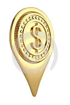 Gold dollar pin icon on white backgroun.3D illustration.