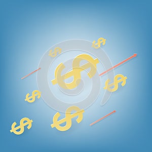 Gold dollar sign and arrow arrow growing up on blue background concept for finance and business success vector illustration paper