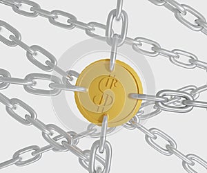 Gold dollar sign coin token in chains