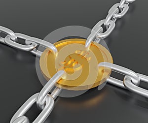 Gold dollar sign coin token in chains 3d rendering