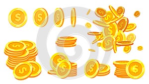 Gold dollars coins. Isolated coin golden, flying money. Metal cash stacks, financial banking, investment or game vector