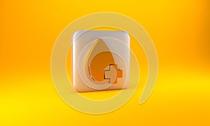 Gold Donate drop blood with cross icon isolated on yellow background. Silver square button. 3D render illustration