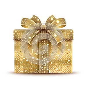 Gold Dotted Gift Box with a Bow or Present Icon Isolated, Stippled Shopping Symbol on White Background