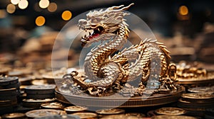 A gold dragon statue on a pile of coins