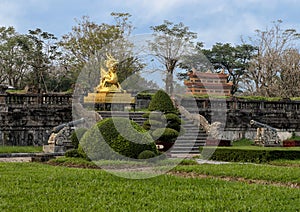 Gold dragon statue on the terrace of the garden of the Forbidden city,Imperial City inside the Citadel, Hue, Vietnam