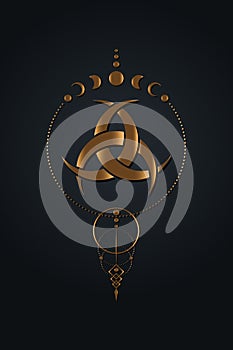 Gold dreamcatcher Moon Phases and Three Interlaced Crescents moon. Religion symbol, Odin icon. Golden luxury Celtic sacred flower