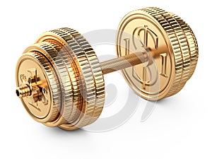 Gold dumbbell from coins. Business and sport - financial concept