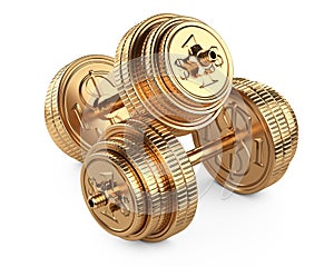 Gold dumbbells from coins, top view. Business and sport - financial concept