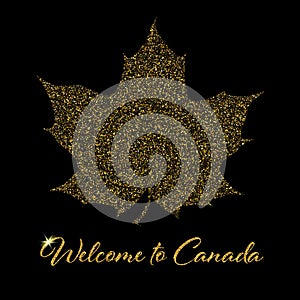 Gold dust particles maple leaf, welcome to Canada, beautiful element for brochure template, poster