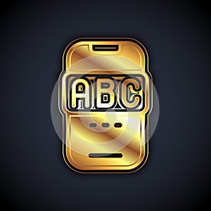 Gold E-learning of different foreign languages through the mobile application icon isolated on black background. Vector
