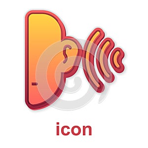 Gold Ear listen sound signal icon isolated on white background. Ear hearing. Vector