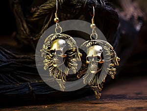 Gold earrings with a pirate skull motif. Small jewelry and imitation jewelry