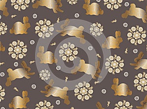 Gold Easter patterns wirh rabbits and eggs on the brown background