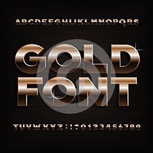 Gold effect alphabet font. Bold metalic letters, numbers and symbols.