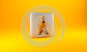 Gold Eiffel tower icon isolated on yellow background. France Paris landmark symbol. Silver square button. 3D render