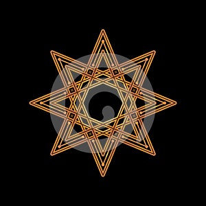 Gold eight-pointed star on black background. Vector illustration. Corporate icon such as logotype and logo design template. Gold