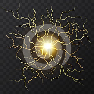 Gold Electric flash of lightning on a dark transparent background. Vector circle lightning or electricity blast storm or