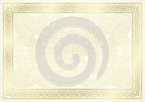 Gold elegant background with golden border frame, curve pattern with fine line ornament