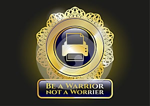 Gold emblem or badge with printer icon and Be a Warrior not a Worrier text inside EPS10