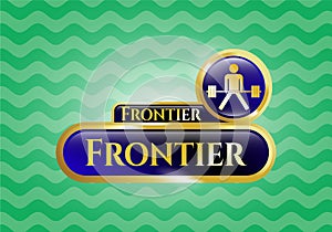 Gold emblem or badge with sumo deadlift icon and Frontier text inside