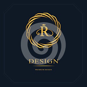 Gold Emblem of the weaving circle. Monogram design elements, graceful template. Simple logo design Letter R for Royalty, business