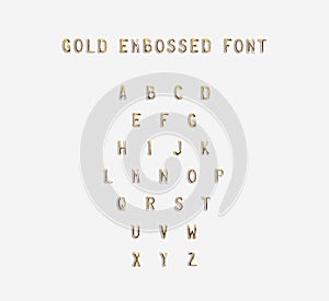 Gold embossed alphabet isolated, 3d illustration