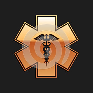 Gold Emergency star - medical symbol Caduceus snake with stick icon isolated on black background. Star of Life. Long